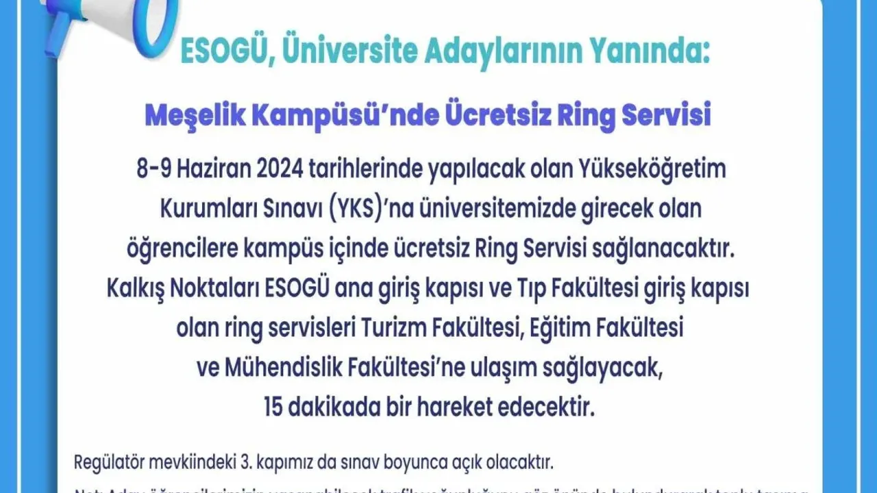 ESOGÜ’den YKS’ye Girecek Öğrenciler İçin Ring Servisi