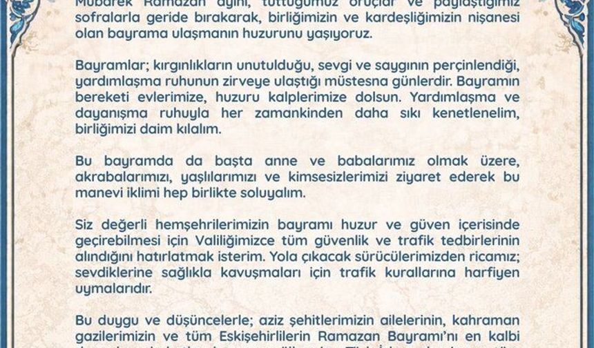 Vali Erdinç Yılmaz'dan Bayram Mesajı